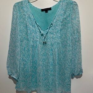 Tommy Hilfiger Women's Blue White Ditsy Floral Tie Neck Pintuck Blouse Large